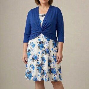 Floral Dress Shrug Set Blue White 1X